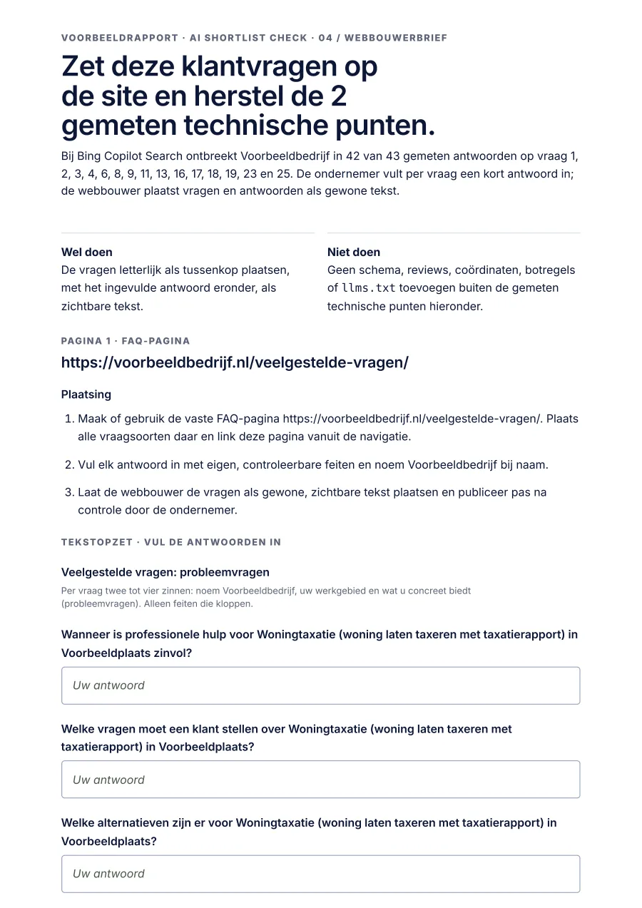 Eerste pagina van het webbouwerbrief in het voorbeeldrapport